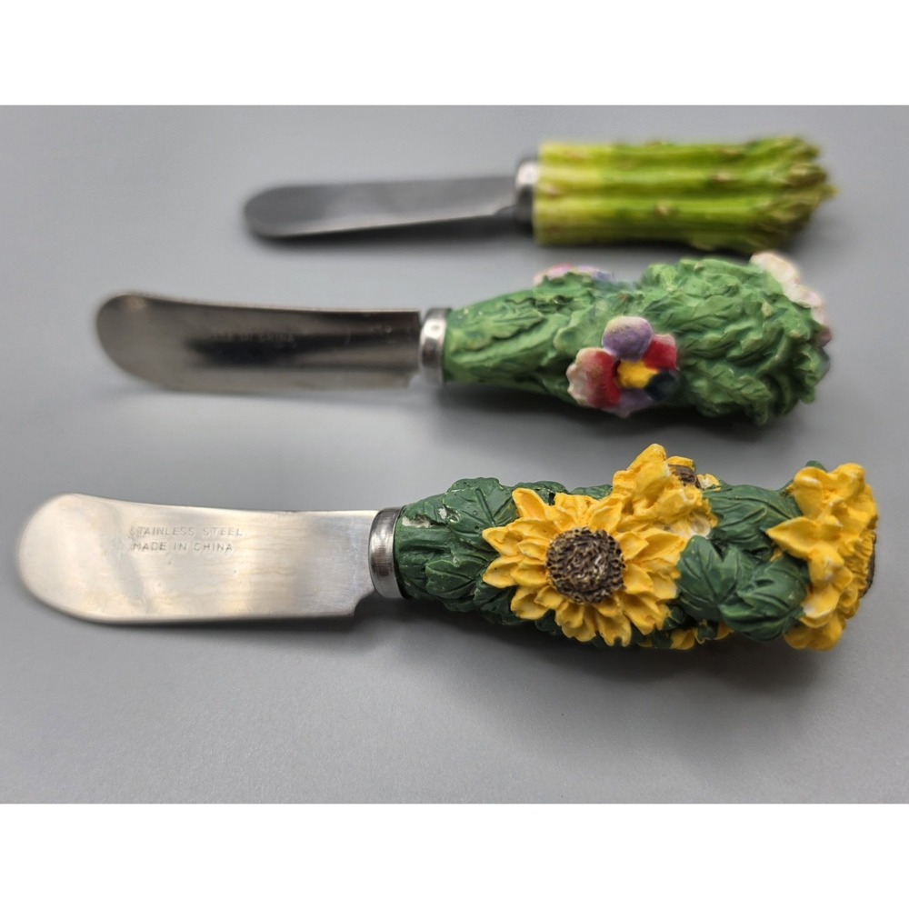 Garden Vegetable Floral Spreader Knives Set of 3 Sunflower Asparagus Pansy 5"